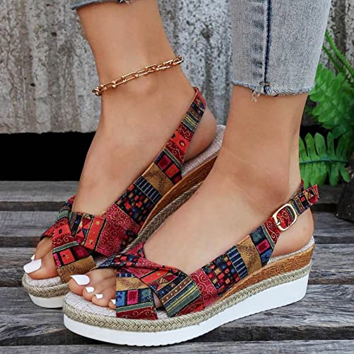 Womenyiaor Wedge Sandals for Women, Espadrilles for Women Open Toe Ankle Strap Wedge Heels Sandals Dressy Summer Platform Sandals Comfortable Slip on Sandals Orthopedic Sandals Casual (E-Red, 8.5)2