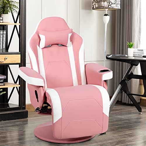COSTWAY Massage Gaming Chair, Ergonomic High Back Swivel Racing Chair with Footrest, Headrest and Cup Holder, PU Leather Adjustable Recliner Computer Desk Chairs (Pink)