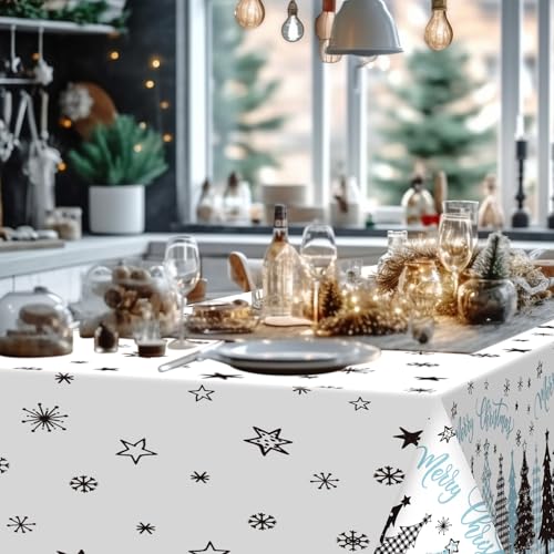 Ganeen 3 Pcs Christmas Tablecloth Disposable Plastic Merry Christmas Trees Table Cloth Snowflakes Star Buffalo Plaid Blue Rectangle Table Cover Waterproof for Xmas Winter Party Decor, 54 x 108 Inch – Image 5