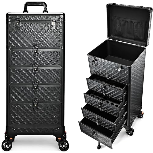 Valise de Maquillage à roulettes, Malette Professionnelle pour Onglerie et Coiffure avec 4 Tiroirs et Système de Verrouillage, Cuir Noire