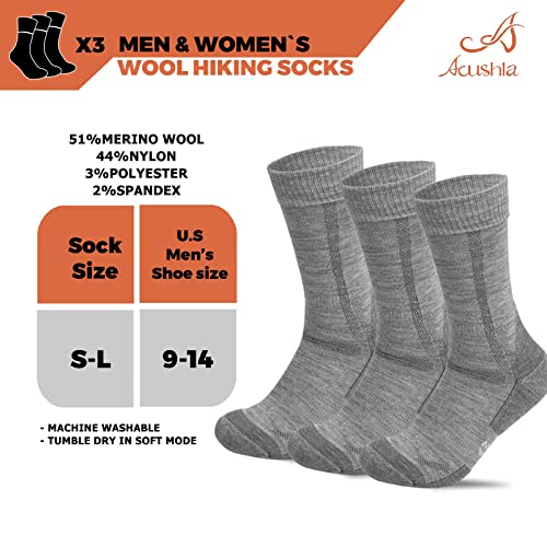 Acushla Merino Wool Hiking Socks For Men - Thermal Cushion Crew Socks - Warm, Breathable And Moisture Wicking, 3 Pairs, 9-14, Dark Grey #TOP3