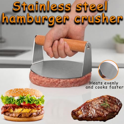 Abiemuce 5-TLG Burger Smasher Set, Edelstahl Smash Burger Set inlk.Burger Smasher, Groß Grillwender, Grillspachtel, Quetschflaschen und Bürste, für Outdoor Indoor BBQ Steak Pizza Plancha Grillparty