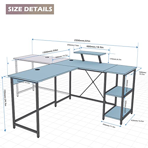 OUTFINE 59'' L Shaped Desk Corner Desk Double Computer Desk Home Office Gaming Workstation with Storage Shelves and Monitor Stand - Thumbnail 2