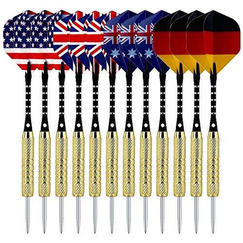 Sametop 18 Grams 12 Packs Steel Tip Darts Set with Diffferent Style Flights, Aluminum Shafts, Brass Barrels and Dart Sharpener