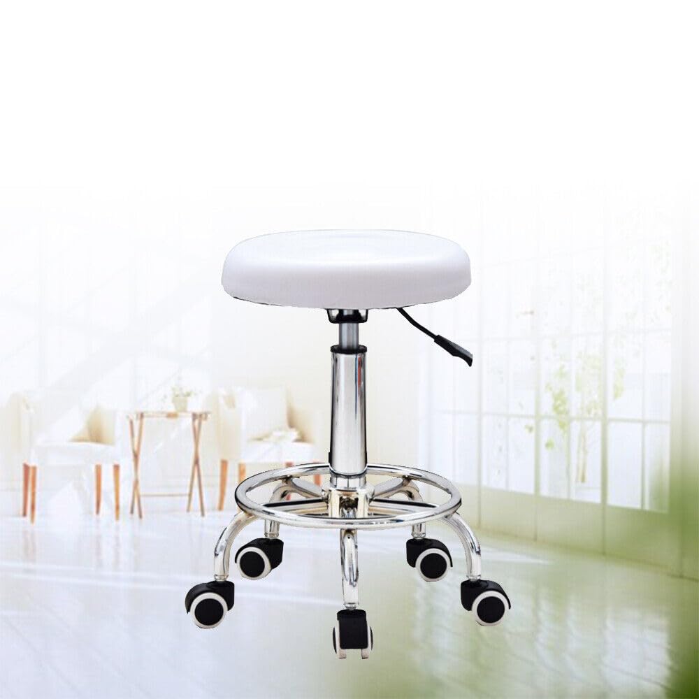 Sgabello girevole da lavoro, 33 cm, altezza regolabile, da barbiere, girevole a 360°, per ufficio, salone, massaggio, spa, ergonomia, girevole in altezza, colore: bianco, NGI7WDBKF-DKTD