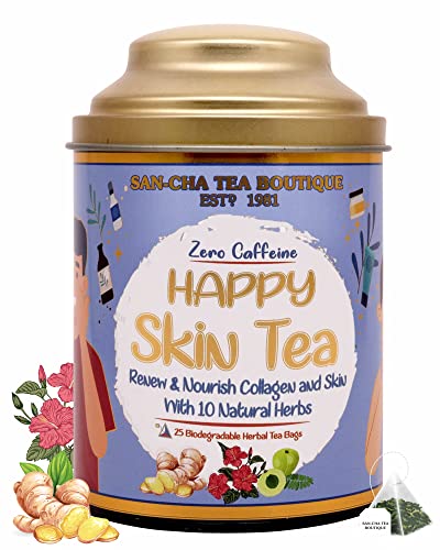 Image of Sancha Tea Boutique, Happy Skin Tea, Caffeine Free Herbal Tea, 25 Pyramid Tea Bags, Renew & Nourish Collagen with 10 Natural Herbs Tea, Clear Skin Tea, Beauty Tea Skin