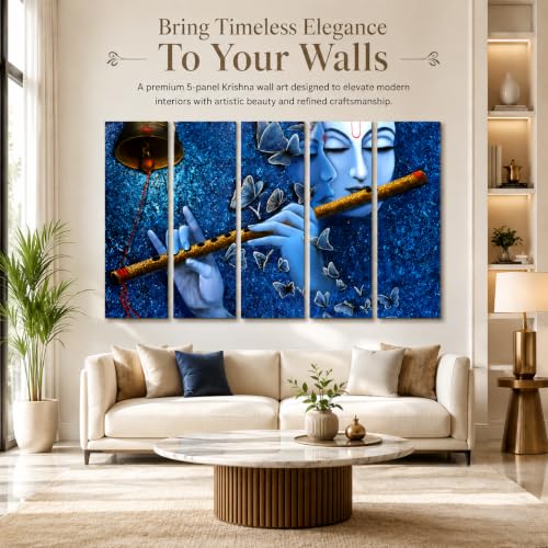 Image of Kyara Arts Krishna Wall Painting for Living Room Big Size with Wooden Frame | Premium Vinyl Print with Textured Finish | Krishna with Flute, Spiritual Wall Decor for Home Decoration | Ideal Gift Option (36 x 60 In)