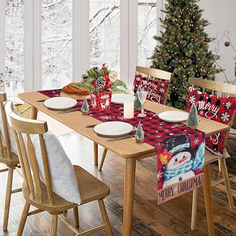 Christmas Table Runner Linen Red-Black Buffalo Plaid Snowman Table Runner, Seasonal Winter Xmas Holiday Decorations for Home Kitchen Dining Party Decor 72 Inch Cover
