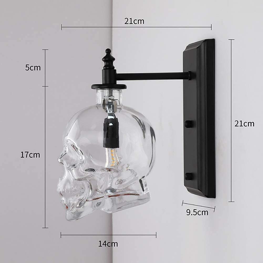 Lámpara de pared industrial Diseño de calavera de cristal Lámpara de pared de hierro forjado retro creativa Dormitorio Sala de estar para bar Restaurante Deco Pasillo Pasillo Escaleras Luz de pared