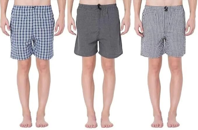 Men's Cotton Lounge Shorts, Pack of 3, Checkered and Solid Patterns, Drawstring Waist