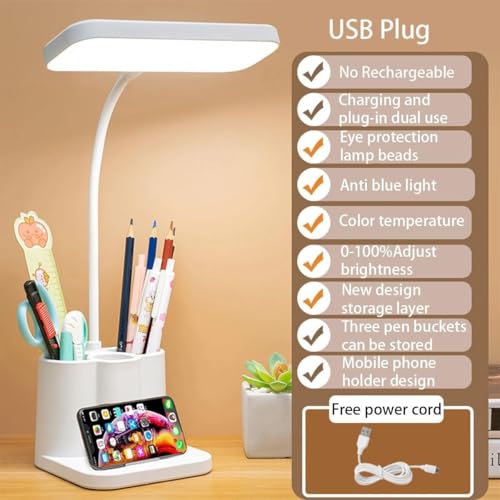 Image of Kian 3-in-1 LED Desk Lamp with Pen & Phone Holder - USB Rechargeable Study Lamp with Touch Sensor, 3 Light Modes, Eye Protection & Warm White, Office & Home(Pack of 1)