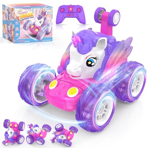Carro telescópico menina 3 4 5 6 7 8 9 anos, brinquedo unicórnio carro rádio controlo RC carro crobacias rotação 360° presente aniversário Natal jogo carro telecomandado brinquedo menina criança rosa