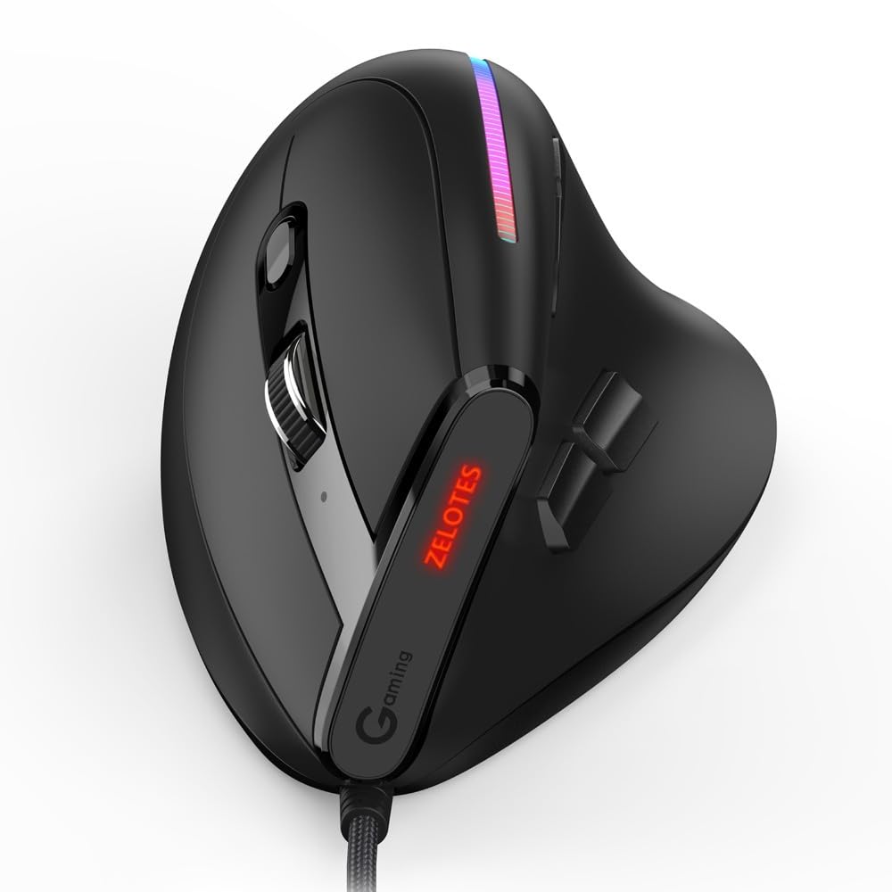 Mouse da gioco verticale, 9 pulsanti, 6 velocità, DPI RGB, LED, design ergonomico, mouse USB cablato per computer, nero