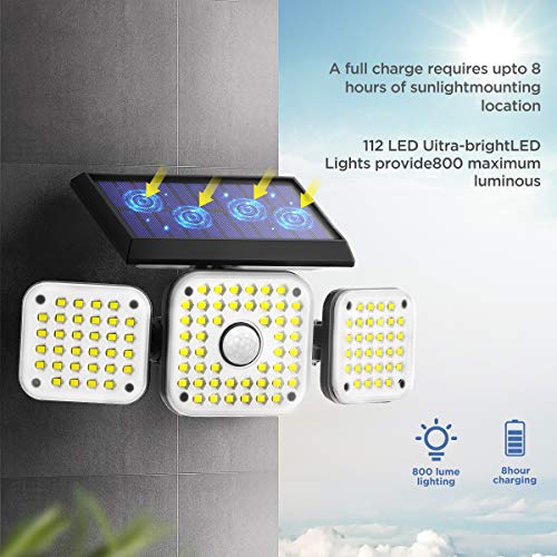 JOMARTO Solar Motion Lights Outdoor,3 Head Security Lights with Motion Sensor,Adjustable 112 LED Flood Lights Waterproof270° Wide Angle Security Lights for Porch Garden Patio Yard Backyard (2 Pack)