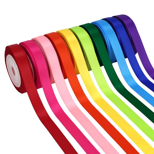 Kryvus Rainbow Satin Ribbon Set 10 Colors 3/8 Inch x 6 Yard Each 60 Yards Total Double Faced Colorful Ribbon for Crafts Gift Wrapping Hair Bows Wedding and Party Decorations DIY Projects