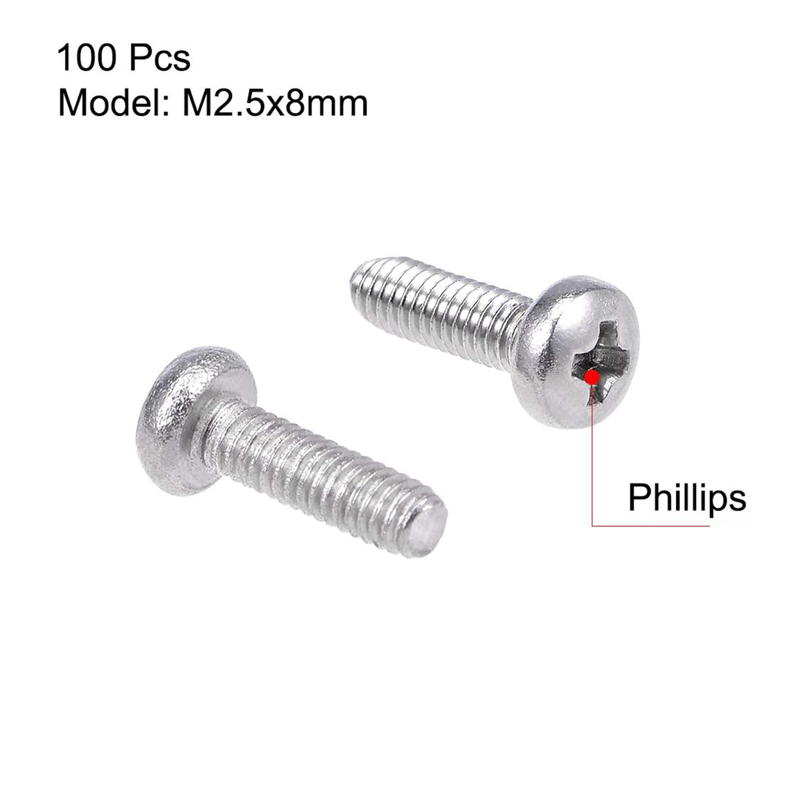 MACHSWON M2.5x8mm Machine Screws Pan Phillips Cross Head Screw 304 Stainless Steel Round Head Cross Screw Fasteners Bolts 100Pcs - Image 3