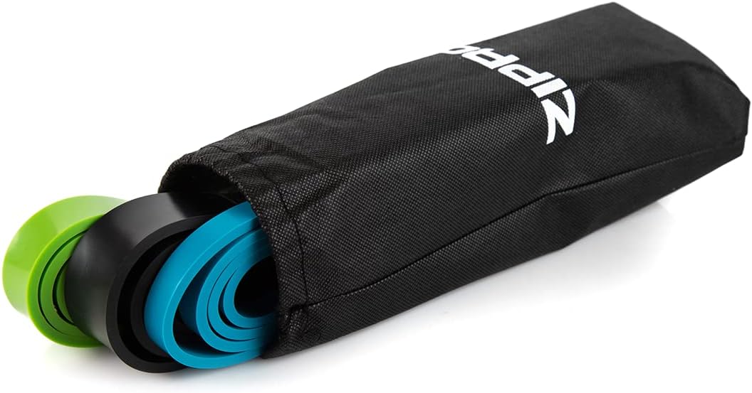 ZIPRO resistance bands partially stored in a black drawstring bag.