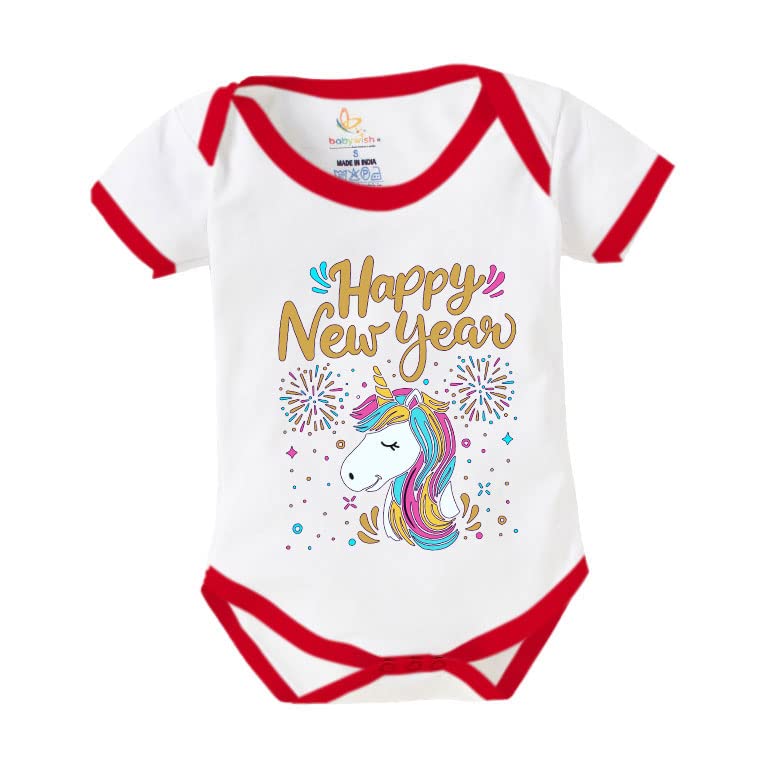 baby wish My First New Year Romper Clothes Baby New Year Bodysuits Newborn Outfit My 1st New Year Printed Romper with Envelop Neck Half Sleeve Unisex Rompers Infant Dress Unicorn Horse Print