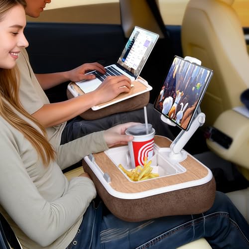 DICMKY Car Seat Tray Pillow Stand Laptop Lap Desk with Mouse Pad Portable Food Tray with Tablet/Kindle Mount Holder Front/Rear Seat Table for Office/Eating/Reading Travel Essentials Accessories