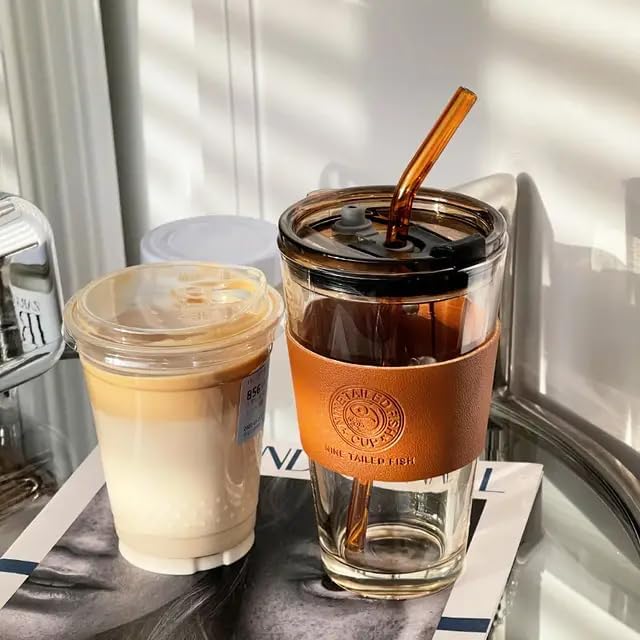 Image of 450ml Glass Iced Tea Tumbler with Lid & Straw - Multipurpose Travel Coffee Sipper Mug with Brown Leather Sleeve Grip - Reusable Drinking Glass for Milk, Smoothies, Cocktails - Pack of 1