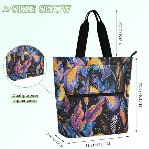 Iris Flower Bohemain Boho Tote Bag for Book Lovers Reusable Bags with Zipper Pocket for School Work Shopping2