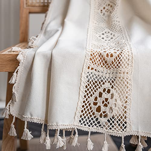 Sutuo Home Boho Curtain Crochet Lace Patchwork Semi-Blackout Bohemian Handmade Tassels, Rod Pocket Window Treatment Vintage Rustic Farmhouse Drapes For Living Bedroom, 1 Panel 59" W X 84" L, Beige #TOP2