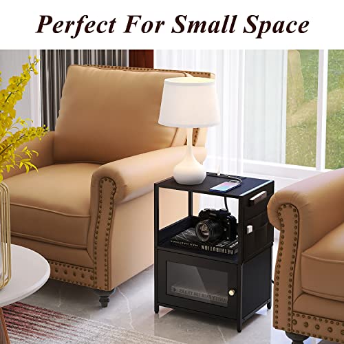 Sauce Zhan Nightstand With Charging Station, Bedside Table With Usb Ports And Outlets, Fabric Bags, Side Table With Storage Drawer And Shelf End Sofa Table For Living Room, Bedroom, Black #TOP5