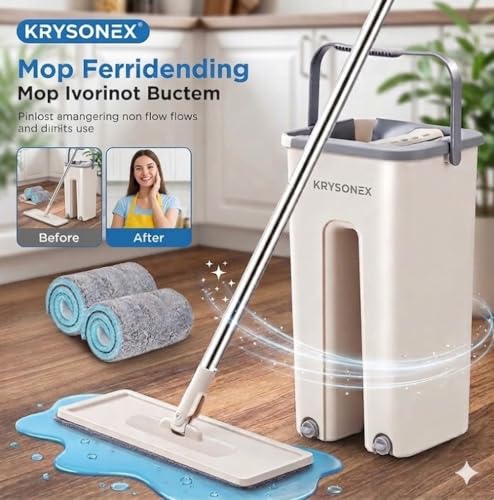 Image of Flat Mop with Bucket for Home Floor Cleaning | Wash & Dry System | Easy Water Control | Home Kitchen Bathroom Cleaning Tool (Pack of 1)