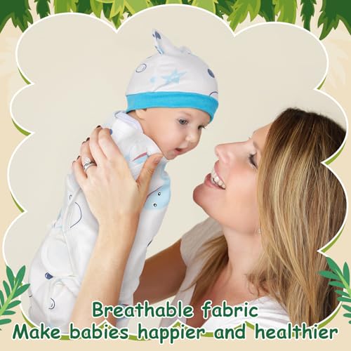 Image of Ramede 6 Pack Swaddle Blanket with Hats Swaddle Outfit for 0-3 Months Newborn Sacks Soft Cotton Wearable for Girl and Boy(Whale,Blue and Green)