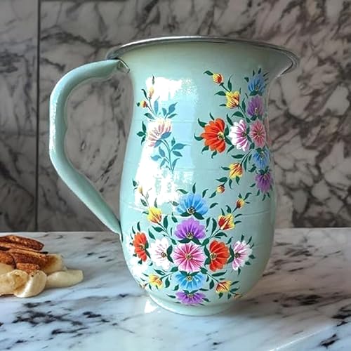 Image of iHandikart Handpainted Stainless Steel Water Jug | Mint Green Floral Steel Pitcher for Water, Juice & Milk | Decorative Serving Jug for Kitchen, Dining & Home Decor | 8 x 6 Inch