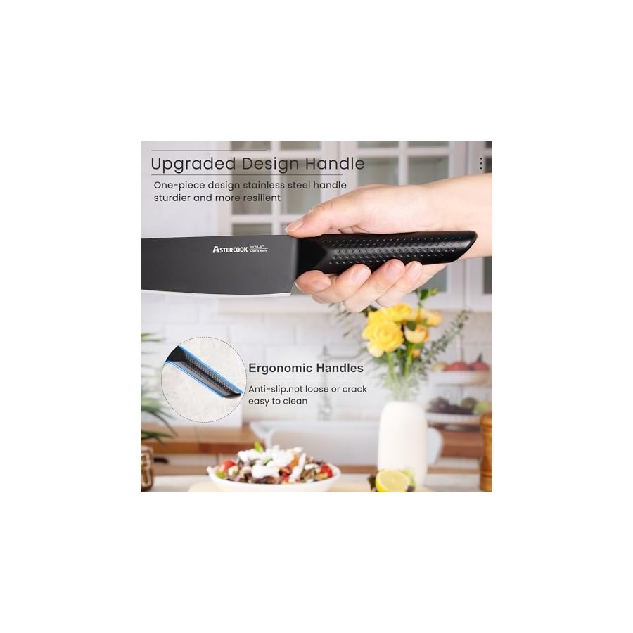 Astercook Kitchen Knife Set, 15 Pieces Chef Knives Set with Block, German Stainless Steel Handle One-Piece Design Knife Block Sets Dishwasher Safe Black