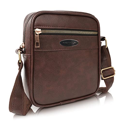 Half Moon Urban Explorer PU Leather Stylish Side Sling Cross Body Travel Office Business Messenger Bag with Multi-Pocket Zip Closure and Adjustable Straps For Men Women