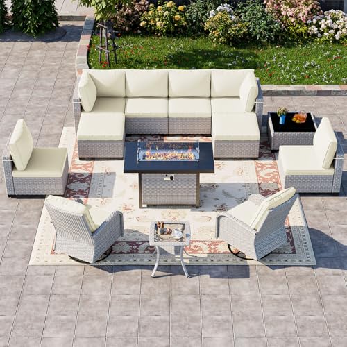 Image of Outdoor PE Wicker Rattan Modular Patio Sectional Sofa Set | 13-Piece: 6 Modular Seats, Coffee Table, 2 Swivel Rocking Chairs, Side Table, 2 Ottomans & 55,000 BTU Fire Pit Table, Ivory