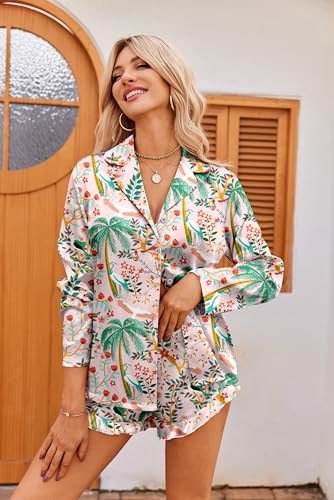 Image of Ekouaer Womens Satin Pajama Sets Cute Button Down Silk Pjs with Ruffle