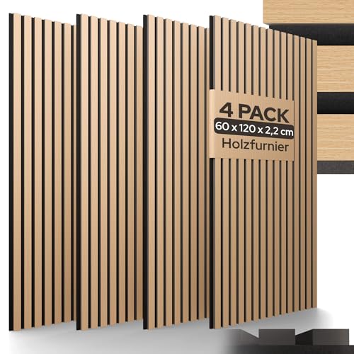 AREBOS Akustikpaneele 120×60 cm | Lamellenwand in Holzoptik für Wand & Decke | modernes Wandpaneel mit hoher Schallabsorption | einfache Montage & zuschneidbar | 4er Set für stilvolle Raumakustik