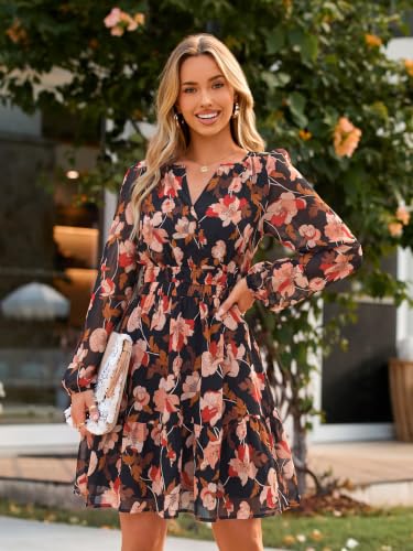 Image of Simplee Womens Spring Floral Mini Dress Long Sleeve Boho Chiffon Short Dress Casual Flowy Fall Wedding Guest Dresses