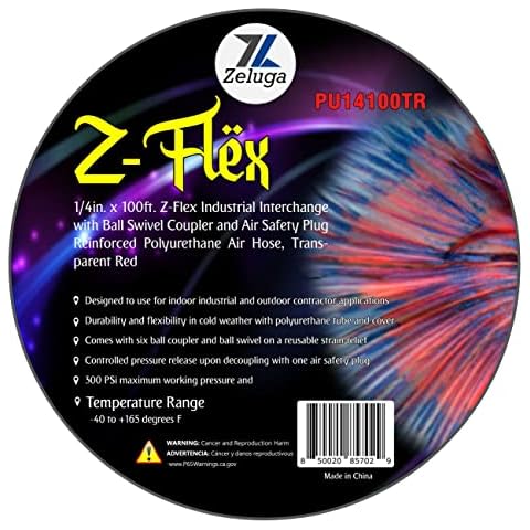Zeluga Z-Flex Industrial Interchange with Ball Coupler and Air Safety Plug Reinforced Polyurethane Air Hose 300 PSI (Transparent Red, 1/4in. x 100ft.) Cover