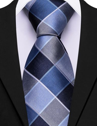 Image of Barry.Wang Plaid Ties Mens Silk Necktie and Tie Clip Checkered Tie for Wedding Party Business Formal
