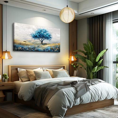 PHAOHUAXM Large Canvas Wall Art For Living Room Wall Decor For Bedroom Blue Tree Landscape Wall Paintings Office Decorations Farmhouse Mural Artwork Room Home Decor Posters Aesthetics 24x48 In
