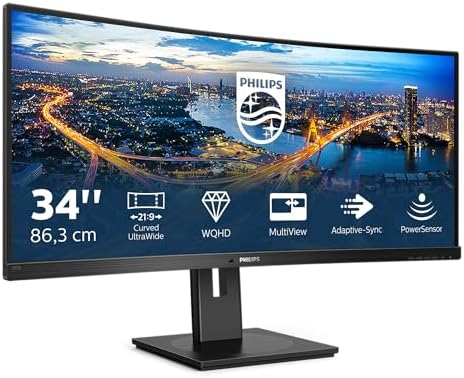 Philips 345B1C - 34 inch Curved WQHD Monitor, 100Hz, 4ms, VA, Speakers, Height Adjust, Power Sensor, USB Hub (3440 x 1440 WQHD, 300 cd/m², HDMI/DP/USB-B/USB 3.2): image 1 of 6