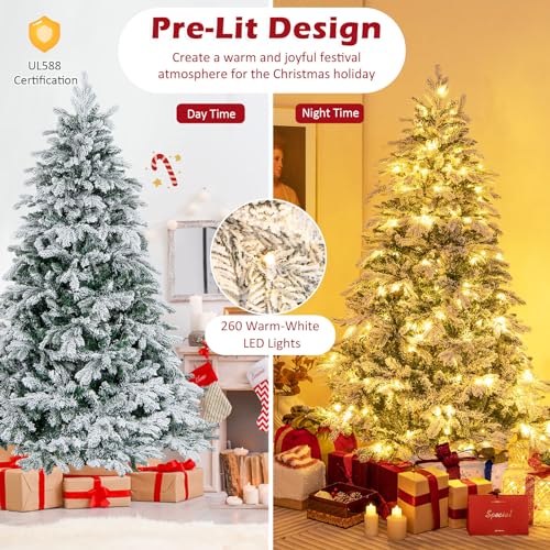 Image of Goplus 6ft Pre-Lit Snow Flocked Christmas Tree, Artificial Hinged Xmas Tree with 1415 Branch Tips, PE & PVC Mixed Leaves, 260 Warm-White LED Lights, Foldable Metal Base, for Home Office Holiday Decor