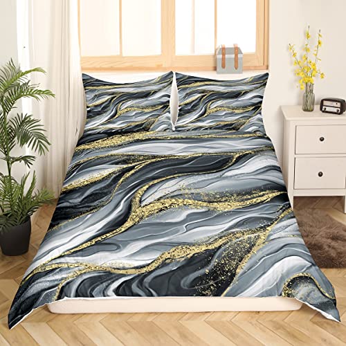 Marbling Duvet Cover Set Super King Size, Gold Grey Marble Comforter Cover with 2 Pillowcases - Image 3