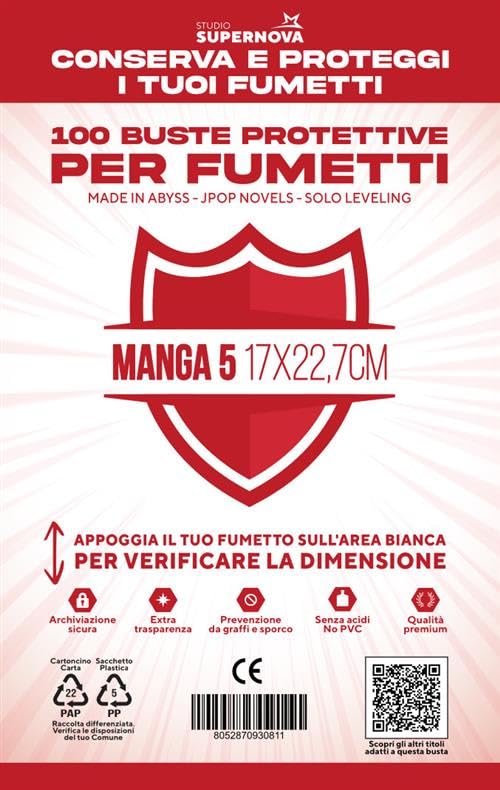 Le buste protettive Studio Supernova sono realizzate in Polipropilene neutro, un materiale plastico a basso rilascio di acidi, ideale per conservare fumetti ed articoli da collezione.