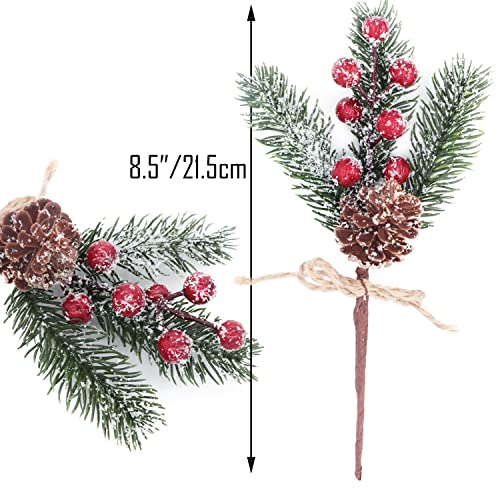 12 Pieces Artificial Pine Picks Christmas Tree Picks with Red Berries Pinecones Bowknot Artificial Pine Branches Stems Frosted Holly Spray for Winter Decoration Xmas Party DIY Crafts (12, Red)