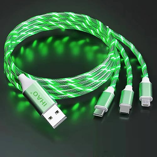 IHAO 3 in 1 Multi Connectors Charger Cable Micro USB/USB Type C PD Fast Charging Cord Visible LED Green Current Flowing Compatible with All Kinds of Cell Phones and Other Electric Products-Green 1M