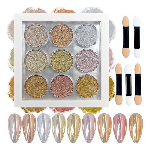 Image of 9 Colors Chrome Nail Powder Palette, Gold Silver Pink Metallic Mirror Holographic Chrome Powder for Nails, Fine Glitter Nail Art Decoration for Home DIY Salon Manicure Pigment, C