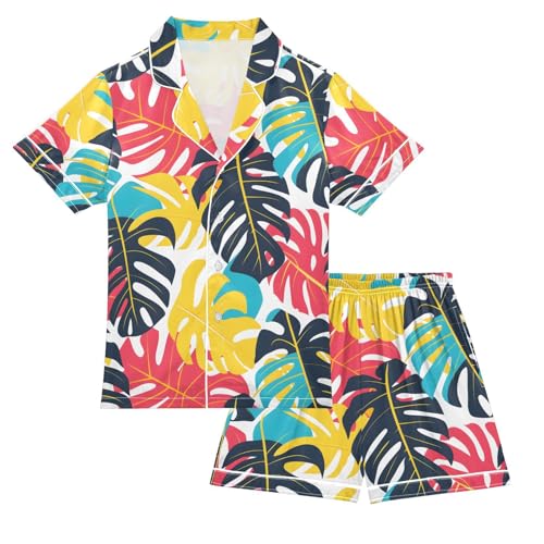 ALAZA Colorful Palm Monstera Leaves Pajamas Satin Pajama Set Short Sleeve Button Down Sleepwear