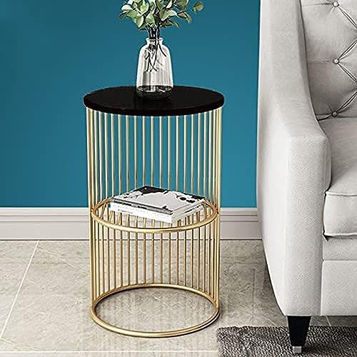 Image of Modern Round Metal Side Table with Storage Shelf Gold Finish Accent End Table | Black Top Sofa Side Table for Living Room, Bedroom, Balcony, Office. Decorative Coffee Table, Nightstand, Corner Table