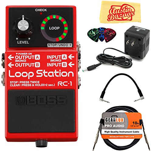 Boss RC-1 Loop Station Bundle with Gearlux Power Supply, Instrument Cable, Patch Cable, Picks, and Austin Bazaar Polishing Cloth