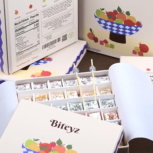 Image of Biteyz Original Turkish Delight, Vegan Candy Gift Box - Assorted Gourmet Fruit Snacks with Lemon, Apple, Orange, Pomegranate, and Raspberry Flavors, 36 Pieces of Luxury Handmade Vegan Treats